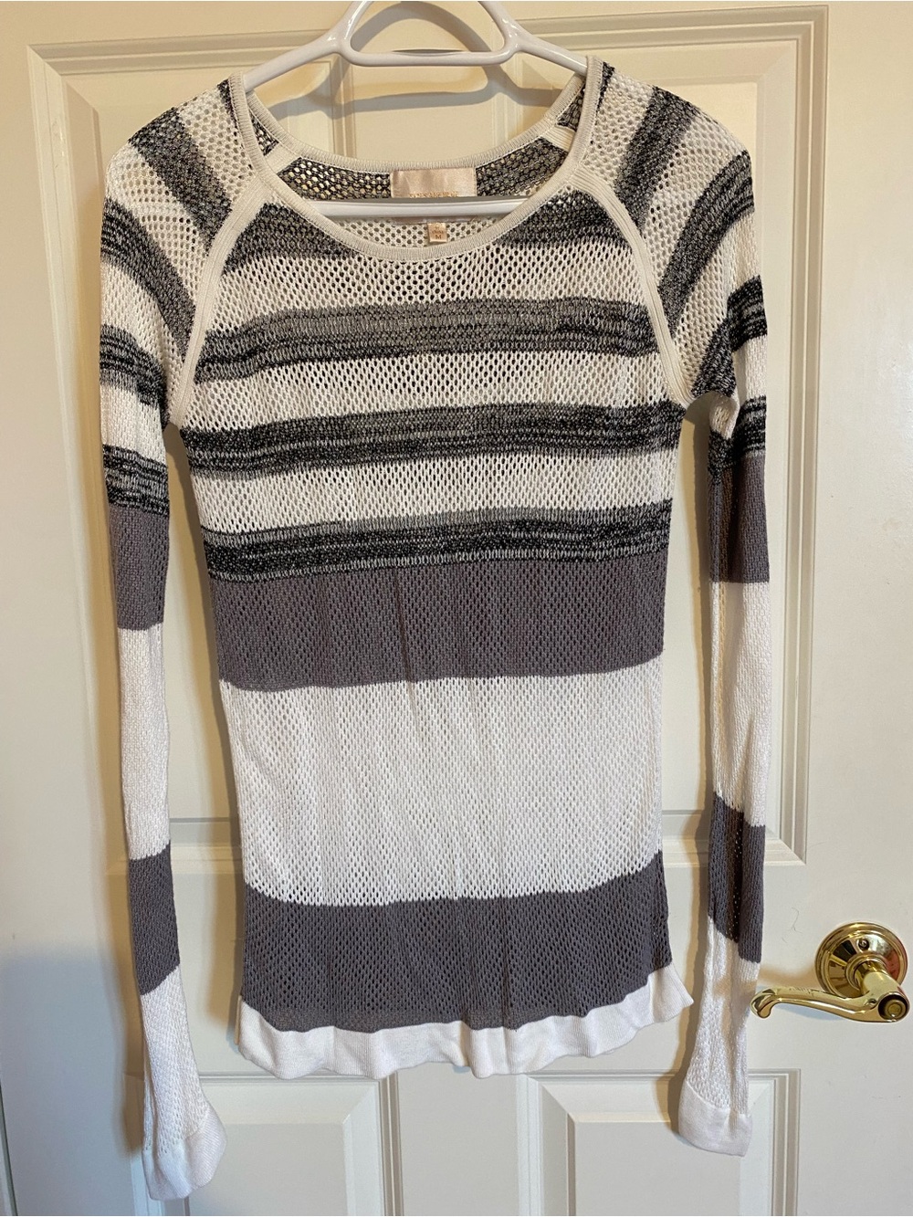 Skies are Blue white gray black striped mesh knit sweater, size medium